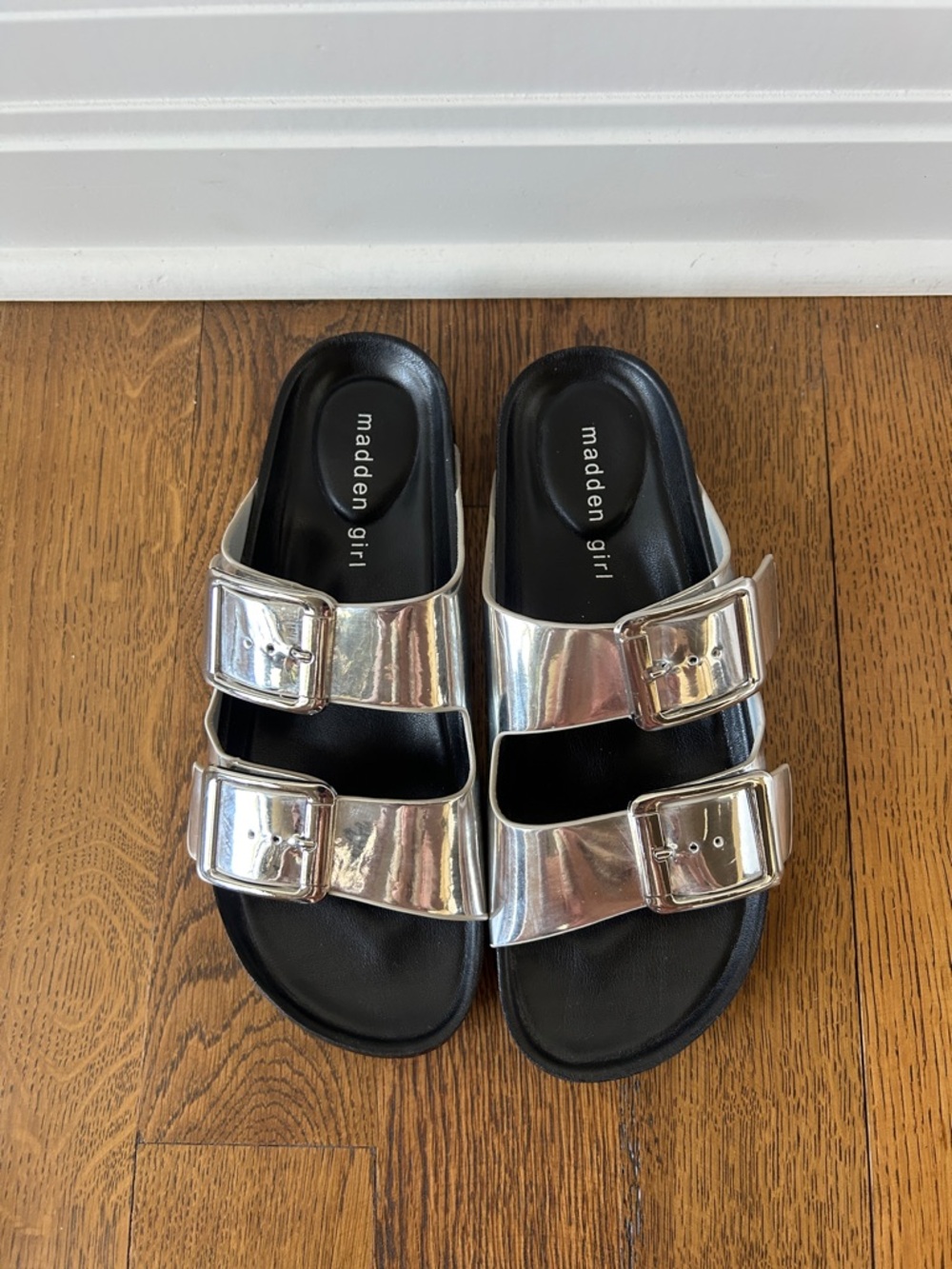 Madden Girl Metallic Silver Double-Buckle Slide Sandals